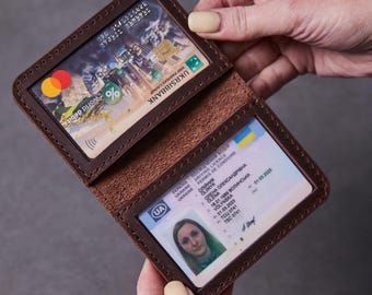Personalized Leather ID Card Wallet. Minimalist Bifold Holder with Clear Windows. Compact Leather Badge Holder. Custom Leather Gift for Him