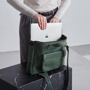 Custom Green Leather Handbag for Laptop 13–16”. Stylish Shoulder Tote Bag. Elegant Laptop Handbag. Unisex Shoulder Bag. Gift for Travel
