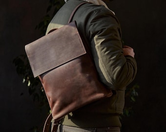 Brown Leather Laptop Backpack: Personalized Slim MacBook 13-14 Bag