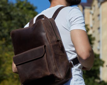 Handmade Crazy Horse Leather Backpack: Urban Laptop Rucksack - Free Personalization