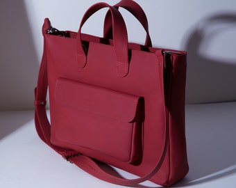 Leather Shoulder Bag with Strap and Pocket | Leather Crossbody Laptop Bag | Handmade Leather Messenger Bag
