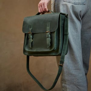 Green Leather Convertible Backpack: Handmade Vintage Crossbody Bag