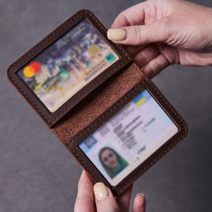 Leather ID Wallet : Minimalist Card Holder with Clear Window - Handmade Slim Pocket Wallet