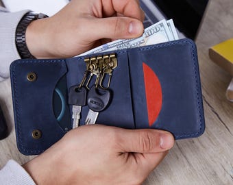 Leather Key Holder Wallet fo Men. Compact Key Organizer with Coin & Cash Pocket. Gift for Dad or Husband. Available in 7 Colors