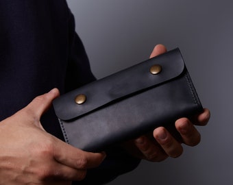 Pochette à tabac en cuir noir | Accessoires fumeurs en cuir | Sac à tabac en cuir personnalisé | Cadeau en cuir pour homme