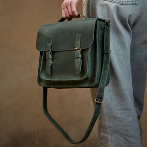 Handgemaakte groene leren aktetas messengertas: converteerbare laptoptas