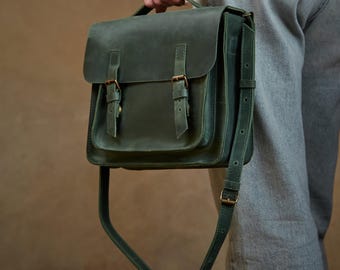 Handgemachte Grün Leder Aktentasche Messenger Bag: Wandelbare Laptop-Tasche
