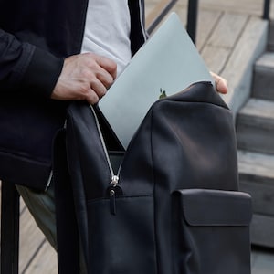 Minimalist Leather Laptop Backpack for Men. Black Work Bag with MacBook Pocket 13-16". Everyday City Rucksack. Anniversary Gift for Him