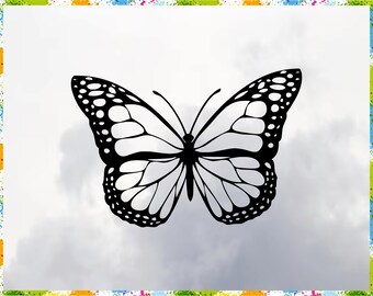 May include: A black silhouette of a butterfly with white spots on its wings against a cloudy sky background.