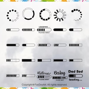 May include: A set of black and white loading icons, including circles, bars, and text that says "LOADING... PLEASE WAIT". The icons are arranged in rows and columns on a white background.