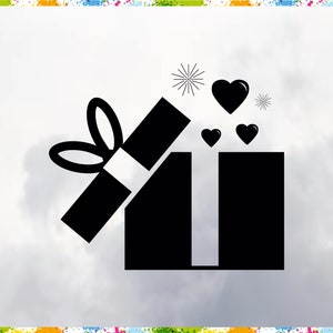 May include: A black and white graphic of an open gift box with a bow on top. Three black hearts and starbursts are floating above the box. The image has a colourful border.