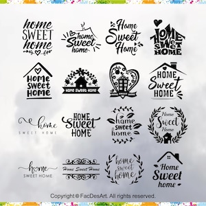 Puede incluir: Una colección de 12 diseños de 'hogar dulce hogar' en blanco y negro. Los diseños presentan diferentes fuentes, estilos e ilustraciones, incluyendo casas, corazones y coronas.