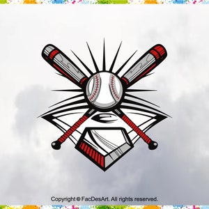 May include: A black and white baseball graphic with two red and white baseball bats crossed behind a white baseball. The baseball bats are crossed behind a home plate with red stripes. The graphic is set against a white cloudy sky.