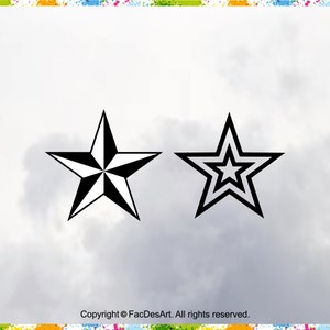 May include: Two black and white star designs against a cloudy white background. The star on the left is a five-pointed star with a white center and black points. The star on the right is a five-pointed star with a black center and white points.