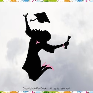 May include: Silhouette of a person in a graduation cap and gown, throwing their cap in the air and holding a diploma. The person is jumping with joy against a cloudy sky background.