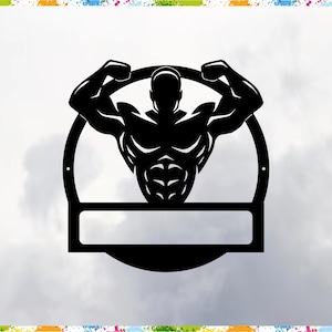 May include: Black silhouette of a muscular figure with arms raised in a flexing pose, inside a circular frame with a blank rectangular space below.