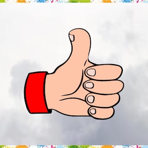 Könnte beinhalten: Eine Cartoon-Hand mit einem roten Ärmel, die ein Daumen-hoch-Zeichen macht.