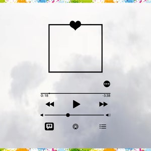 May include: A white background with a black square frame with a heart in the top corner. Below the frame is a black audio player with a play button, rewind and fast forward buttons, and a volume control. The audio player also has a timer that reads "0:18" and "-3:38".