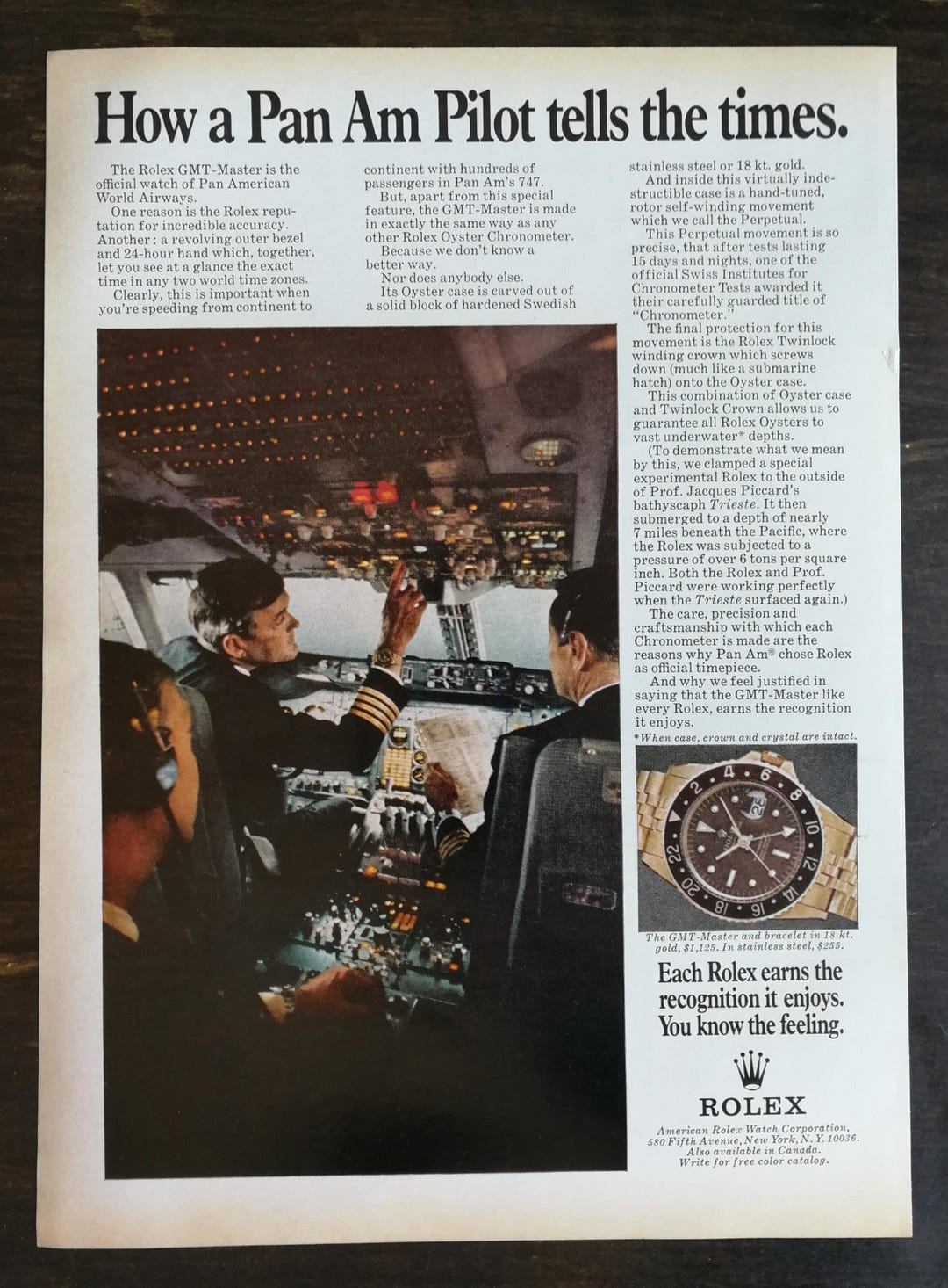 Vintage 1970 Rolex 18 Kt Gold Oyster Chronometer GMT- Master Pan Am 747 Ad  424
