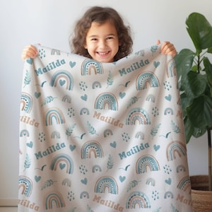 Personalized Boho Rainbow Baby Name Blanket, Custom Baby Boy Swaddle, Blue Rainbow Name Blanket, Baby Shower Gift, Newborn Nursery Gift