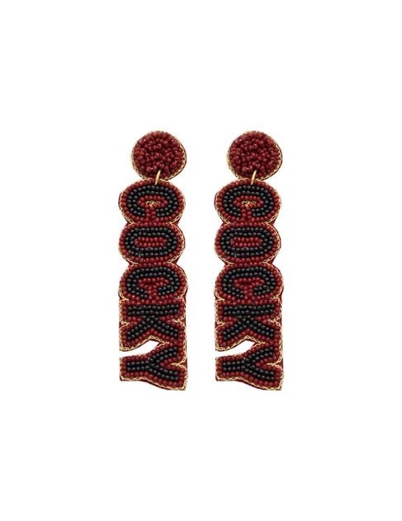 May include: A pair of red and black beaded earrings spelling out the word "Rocky" in black beads.