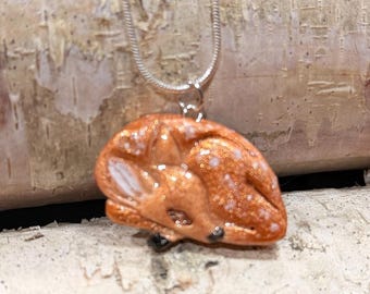 Spotted Fawn Deer napping curled up Handmade Clay necklace on 20in chain