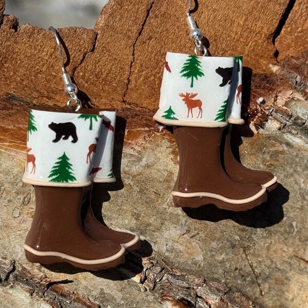 Alasken Wonderful Wildlife Alaska XT mini boots clay earrings  (moose, black bear, salmon) -  clay earrings Lightweight .2 oz