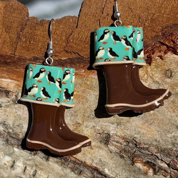 Stud Puffin - Alaska XT mini boots clay earrings  - Stud Puffin - puffin bird pattern - clay earrings Lightweight .2 oz