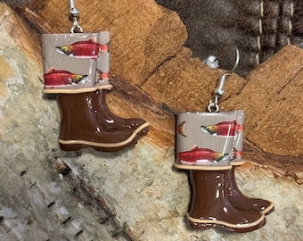 Spawning Salmon Clay Boot Earrings: Alaska Sterling Silver Hooks