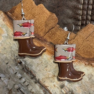 Spawning Salmon Alaska XT mini boots clay earrings  - Spawning Salmon clay earrings Lightweight .2 oz