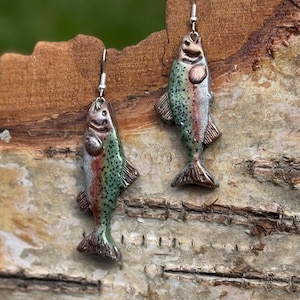 Rainbow Trout Clay Earrings: Alaska Fly Reel, Sterling Silver Hooks