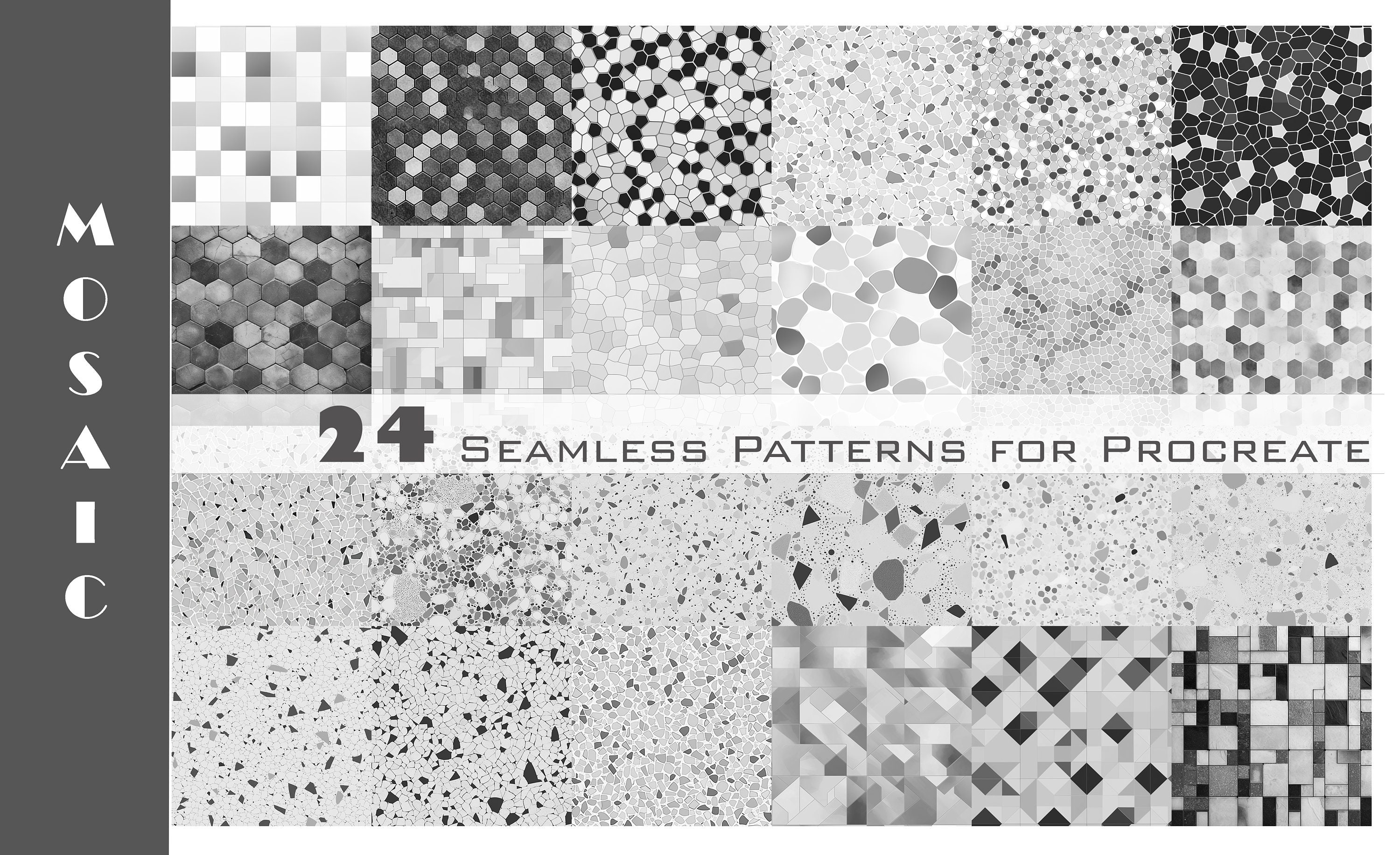 24 Seamless Mosaic Pattern Brushes for Procreate – Architectural Geometric Hatches & Interior Flooring Textures