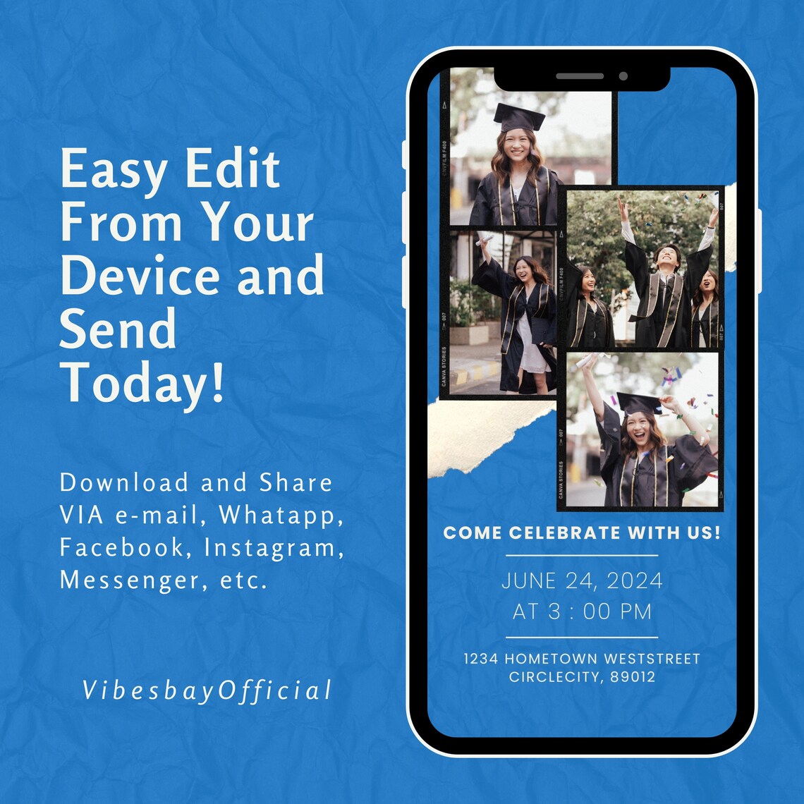 Blue Graduation Invitation Template 2024 Instant Download, Phone Invite ...