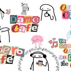 May include: A colorful illustration with stick figures and text that says "Hazme Cafele", "Dame Cafe", "Quiero Cafe", "Yo Solo Quiero Un Poco de Cafeee". The illustration features musical notes, hearts, and a brain with legs.