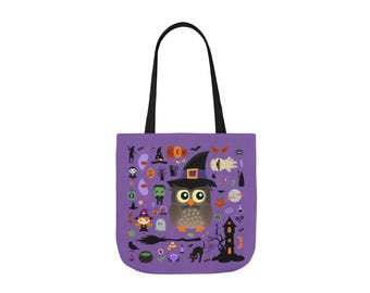 May include: A purple tote bag with a black handle featuring a Halloween-themed design. The design includes an owl wearing a witch hat, a witch, a black cat, pumpkins, and other spooky elements. The bag is made of a durable material.