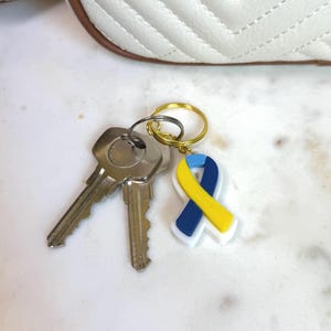Down Syndrome Awareness Ribbon Keychain | 3D Printed | Blue & Yellow Ribbon | 1.5 inches
