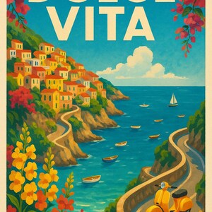 Póster "Vida en la Costa Amalfitana" - Tamaño A3 - Impresión artística sobre cartón - Decoración de pared para enmarcar o colgar