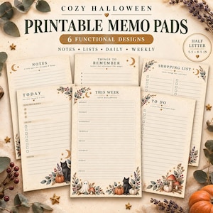 May include: Six printable memo pads with a cozy Halloween theme, featuring cream-colored paper with black text and illustrations of cats, ghosts, pumpkins, and autumn foliage. Each sheet measures 5.5 by 8.5 inches, including designs for notes, lists, daily, and weekly planning.