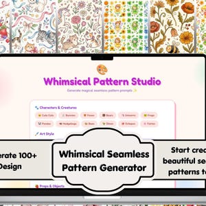 May include: A laptop displays a website titled "Whimsical Pattern Studio" with options for generating seamless patterns. The screen shows various pattern examples featuring cute animals, flowers, and whimsical designs. Text on the screen includes "Generate 100+ Design" and "Start creating beautiful seamless patterns today!"