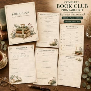 May include: A complete book club printable kit featuring multiple pages including a meeting planner, book review, discussion notes, reading notes, and a voting sheet. The pages have a cream background with botanical illustrations and text.