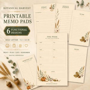 Puede incluir: Un conjunto de seis blocs de notas imprimibles con temas de cosecha botánica, en papel color crema con secciones rayadas para listas diarias, semanales y de compras. Los diseños incluyen ilustraciones en acuarela de calabazas, trigo y hojas.