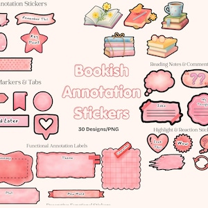 Può includere: Una collezione di adesivi rosa per annotazioni di libri con vari design. Include etichette per "Important", "Read Later" e "Summary", insieme a fumetti e icone a forma di cuore. Il testo "Bookish Annotation Stickers" è visualizzato.
