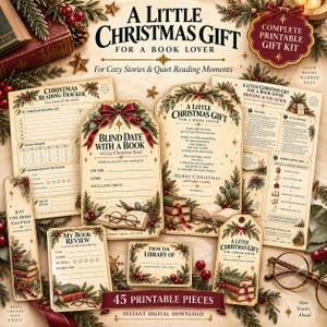 May include: A printable Christmas gift kit for book lovers featuring various paper templates including a reading tracker, book review cards, bookmarks, and gift tags. Each piece is decorated with illustrations of books, pine branches, and red berries.