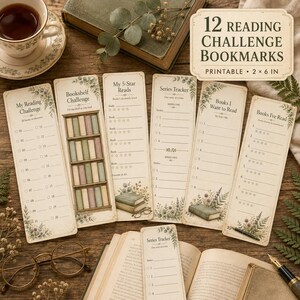 May include: A set of twelve rectangular paper bookmarks featuring botanical illustrations and reading tracker templates. Each bookmark includes printed text such as My Reading Challenge, Bookshelf Challenge, My 5-Star Reads, Series Tracker, Books I Want to Read, and Books I've Read.