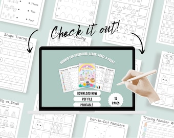 May include: A laptop displays a colorful educational printable with the text "NUMBER FUN ADVENTURE: LEARN, TRACE & COUNT!" surrounded by worksheets. The worksheets include shape tracing, number recognition, and dot-to-dot activities. The text "DOWNLOAD NOW, PDF FILE, PRINTABLE" is also visible.