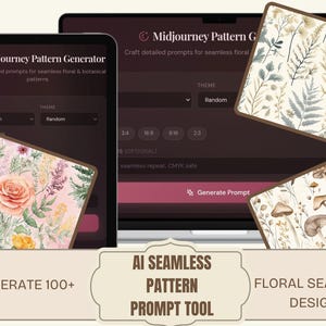 May include: A digital illustration showcasing a pattern generator tool on a tablet and laptop. The interface displays options for style and theme, with sample floral designs. Text reads "AI Seamless Pattern Prompt Tool" and "Floral Seamless Design."