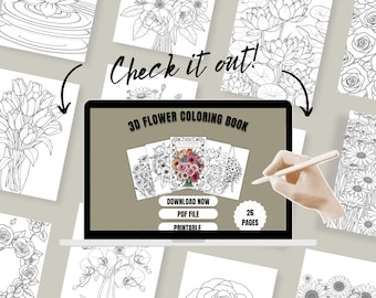 3D Flowers Coloring Book, Printable Flower Coloring Pages for Adults & Kids (PDF Download)