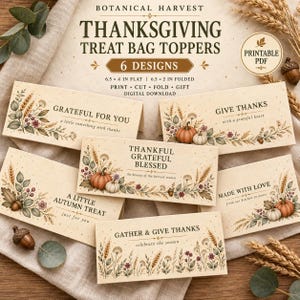 Thanksgiving Treat Bag Toppers Printable,  Botanical Harvest Treat Tags, Digital Download