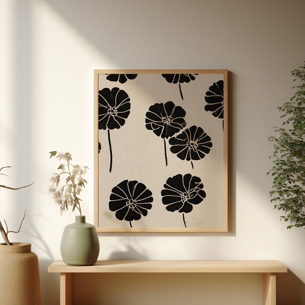 Botanical Japanese Neutral Abstract Floral Pattern | Large-Scale Minimalist Wall Art Print Download
