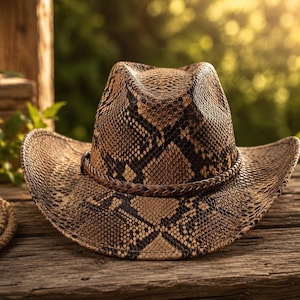 Pode incluir: Um chapéu de cowboy com um padrão de pele de cobra castanho e preto em toda a copa e aba. O chapéu inclui uma faixa entrançada castanha a rodear a base da copa, com um topo vincado e uma aba larga e ligeiramente curvada.